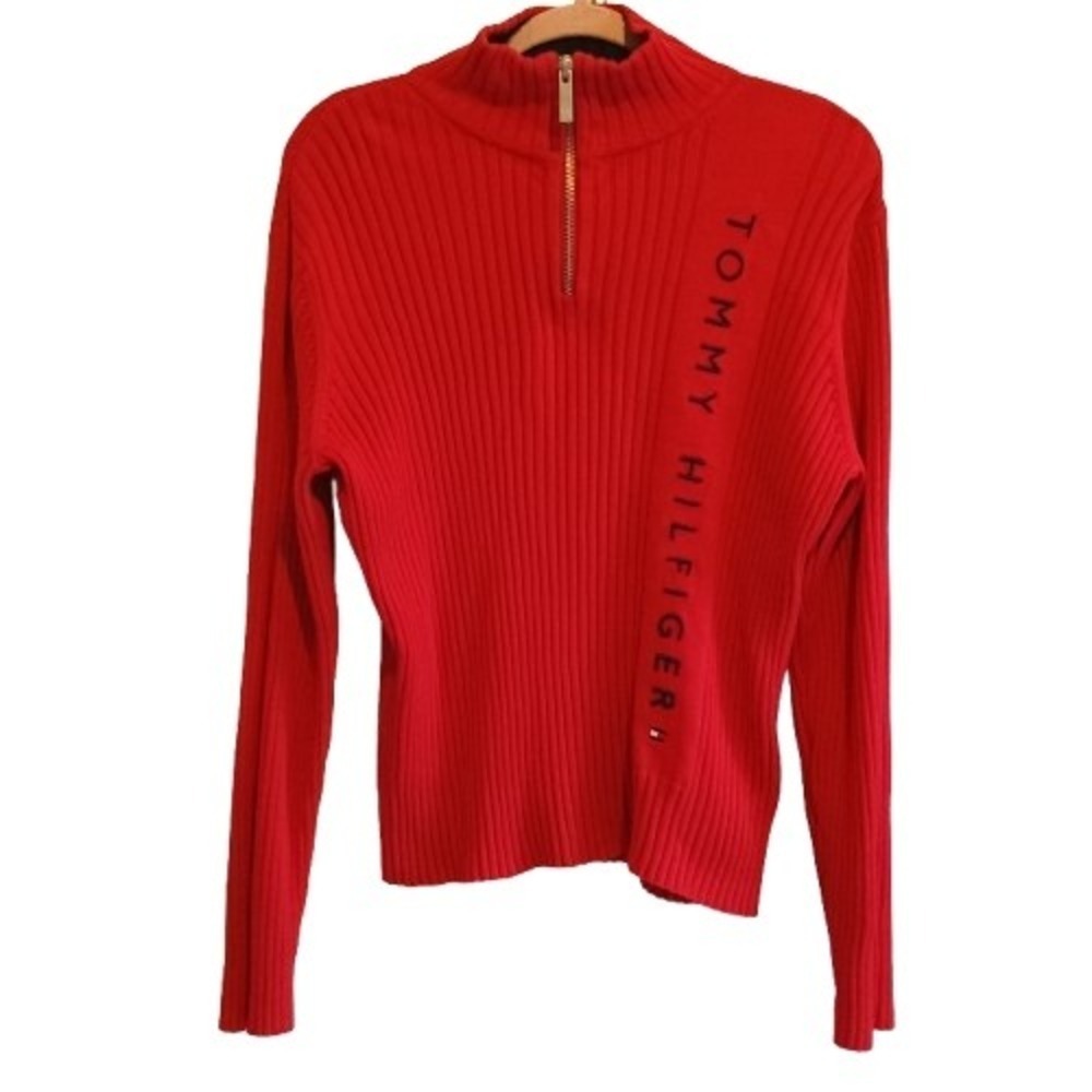 Tommy Hilfiger Spell Out Red Ribbed Knit Quarter Zip Sweater Women's XL